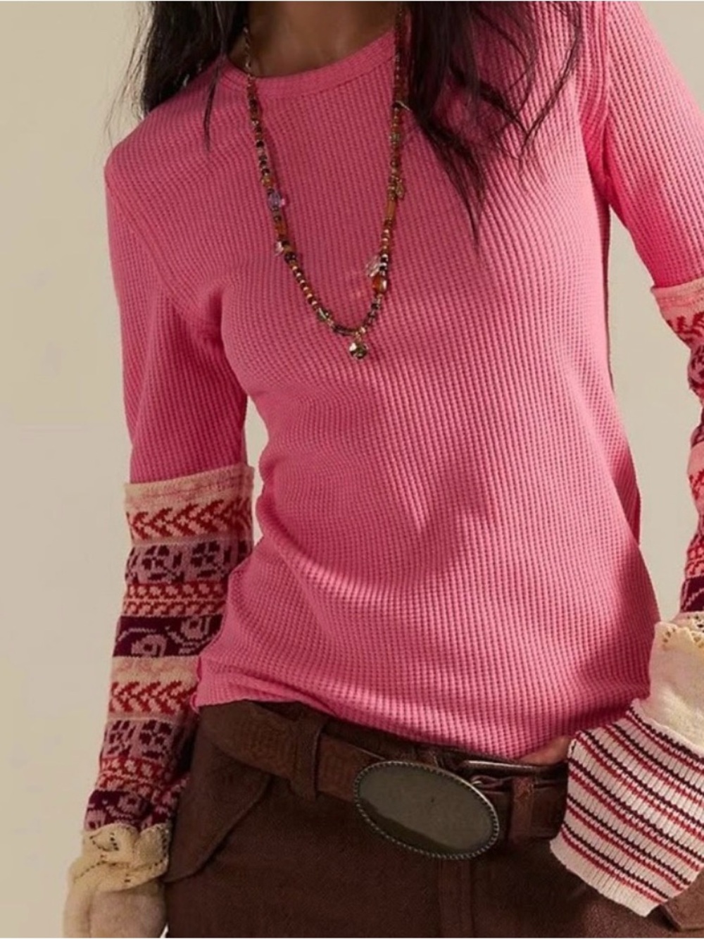 Free People Pink Long Sleeve Top with Patterned Sleeves